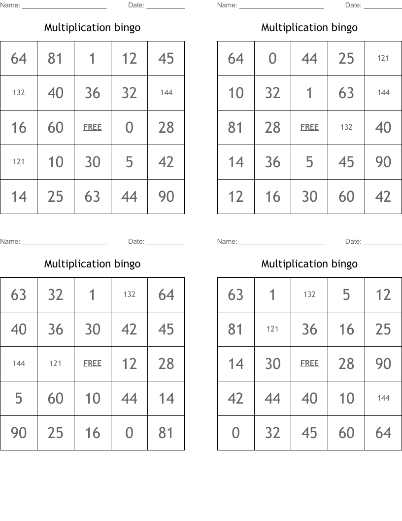 Multiplication bingo