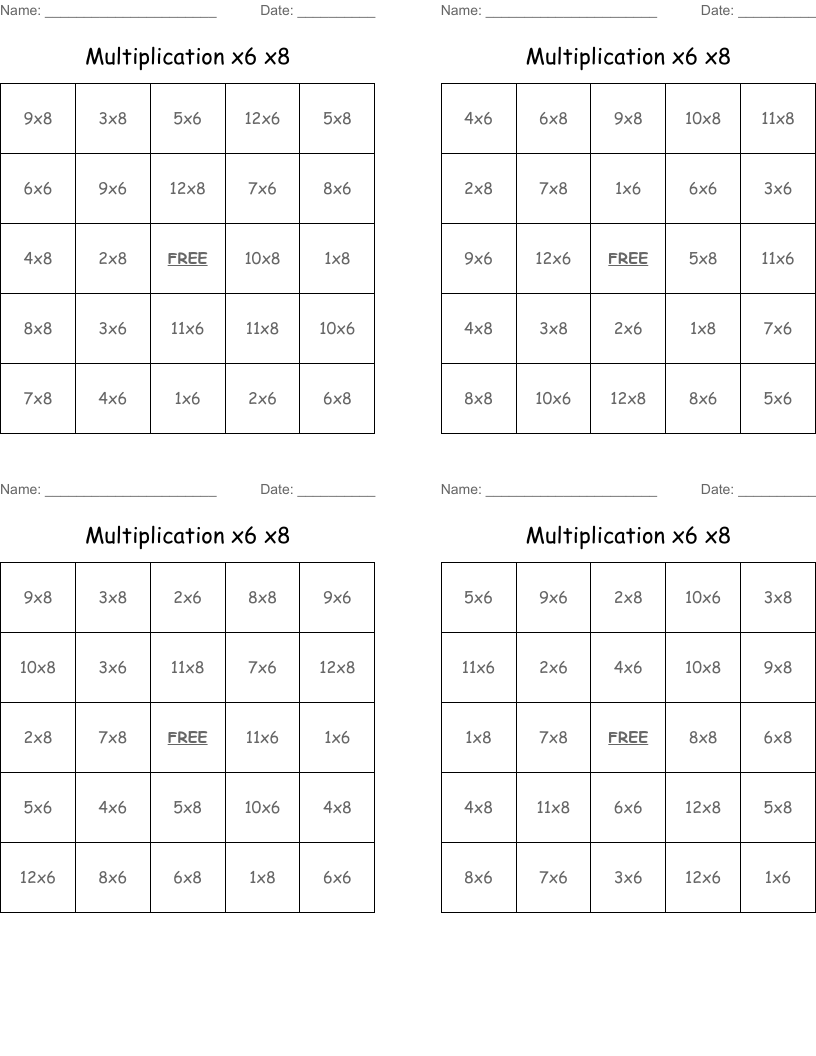 Multiplication x6 x8 Bingo Cards
