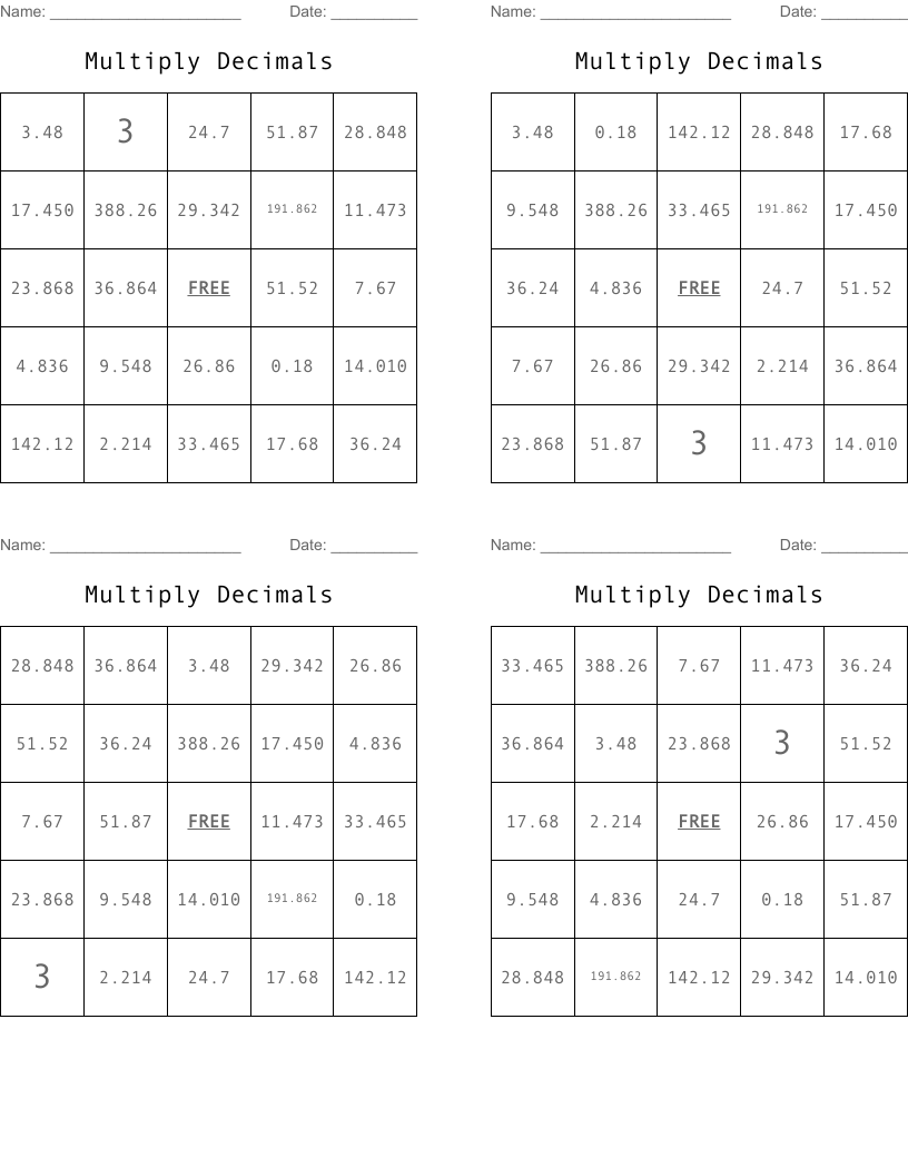 Multiply Decimals Bingo Cards