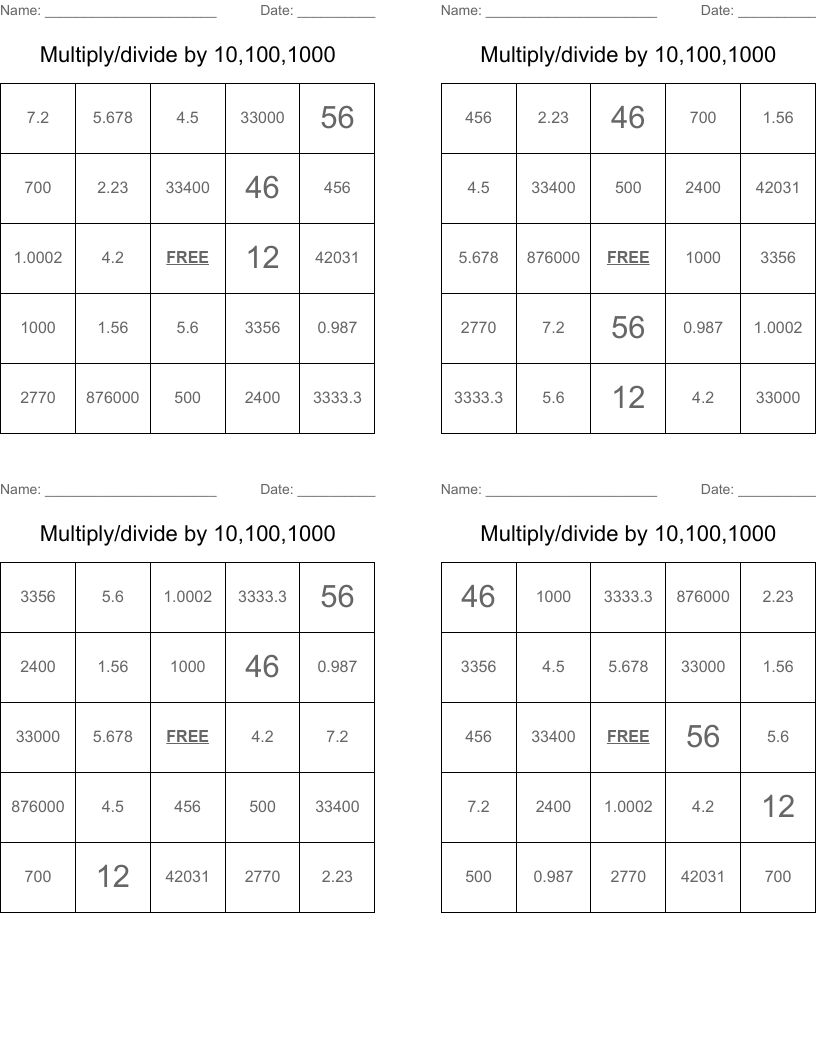 Multiply/divide by 10,100,1000 Bingo Cards