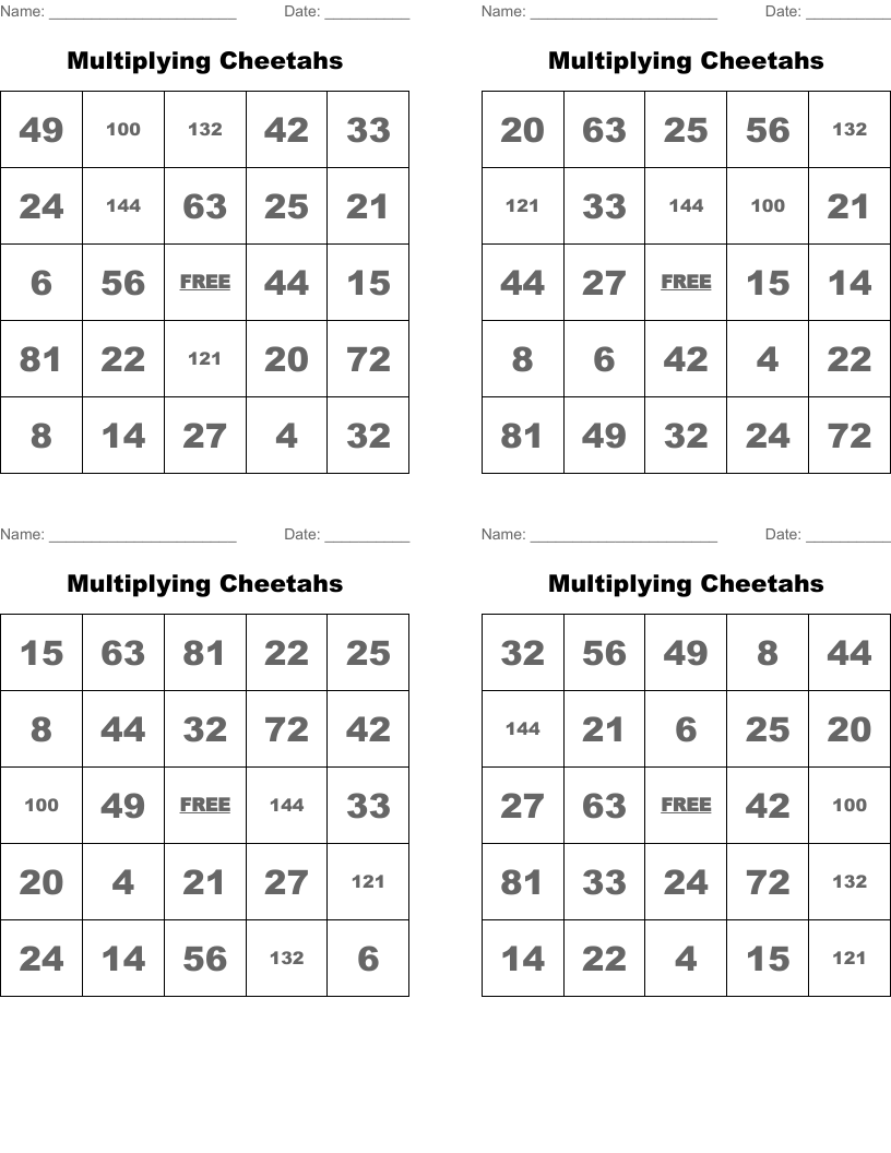 Multiplying Cheetahs Bingo Cards