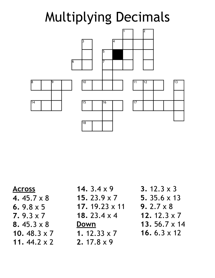 Multiplying Decimals Crossword