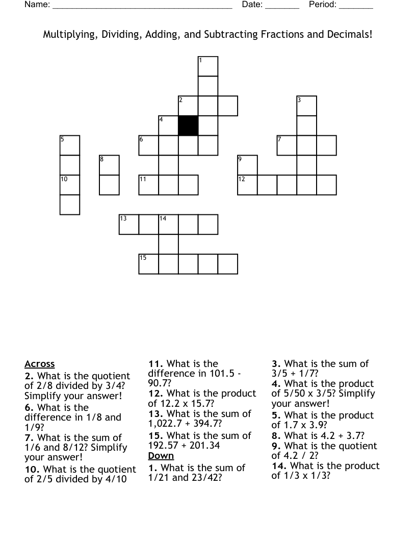 Multiplying, Dividing, Adding, and Subtracting Fractions and Decimals! Crossword