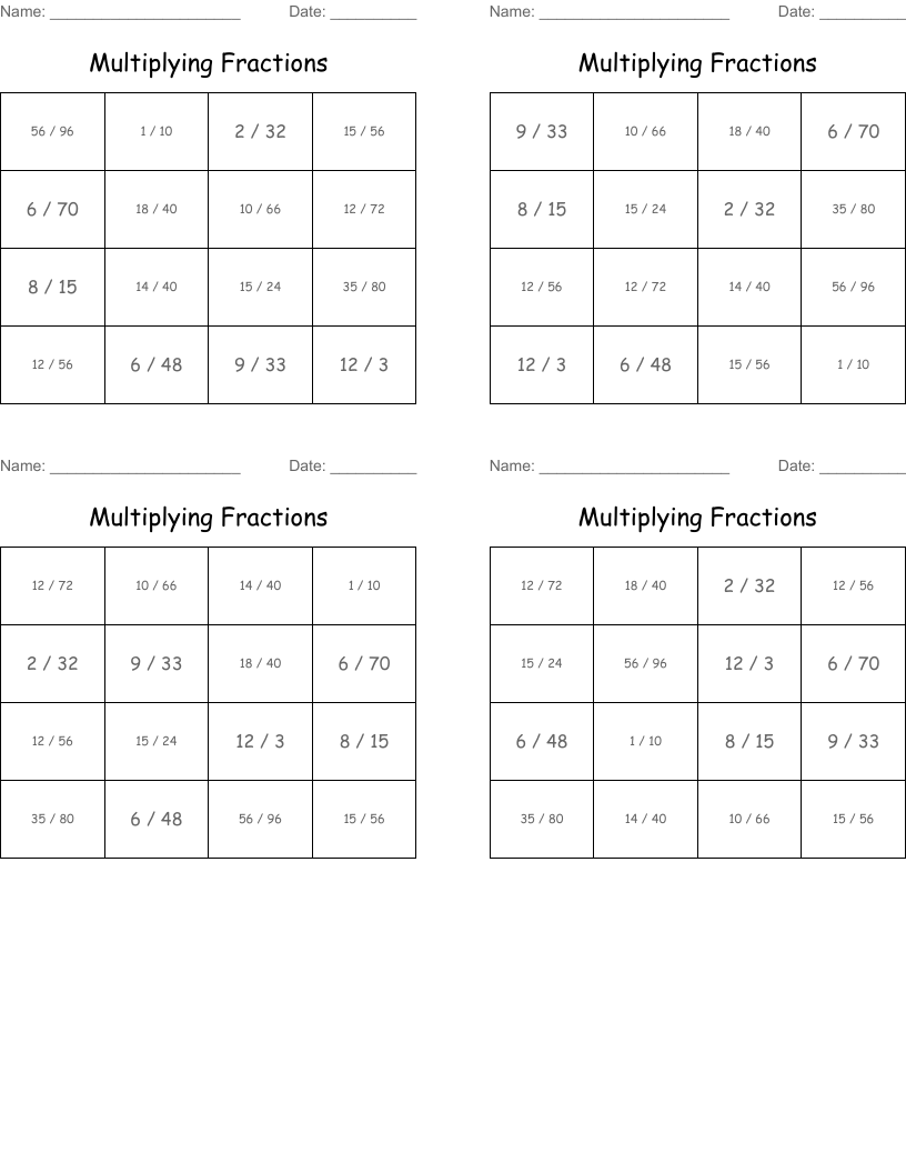 Multiplying Fractions Bingo Cards