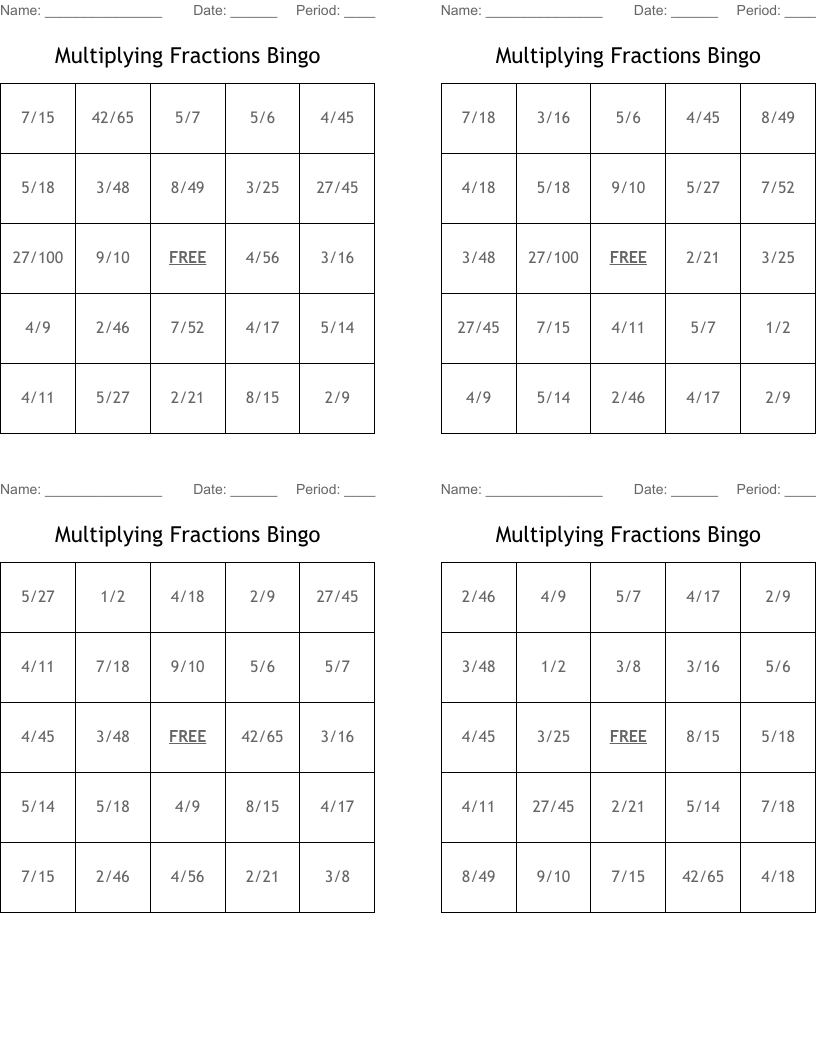 Multiplying Fractions Bingo