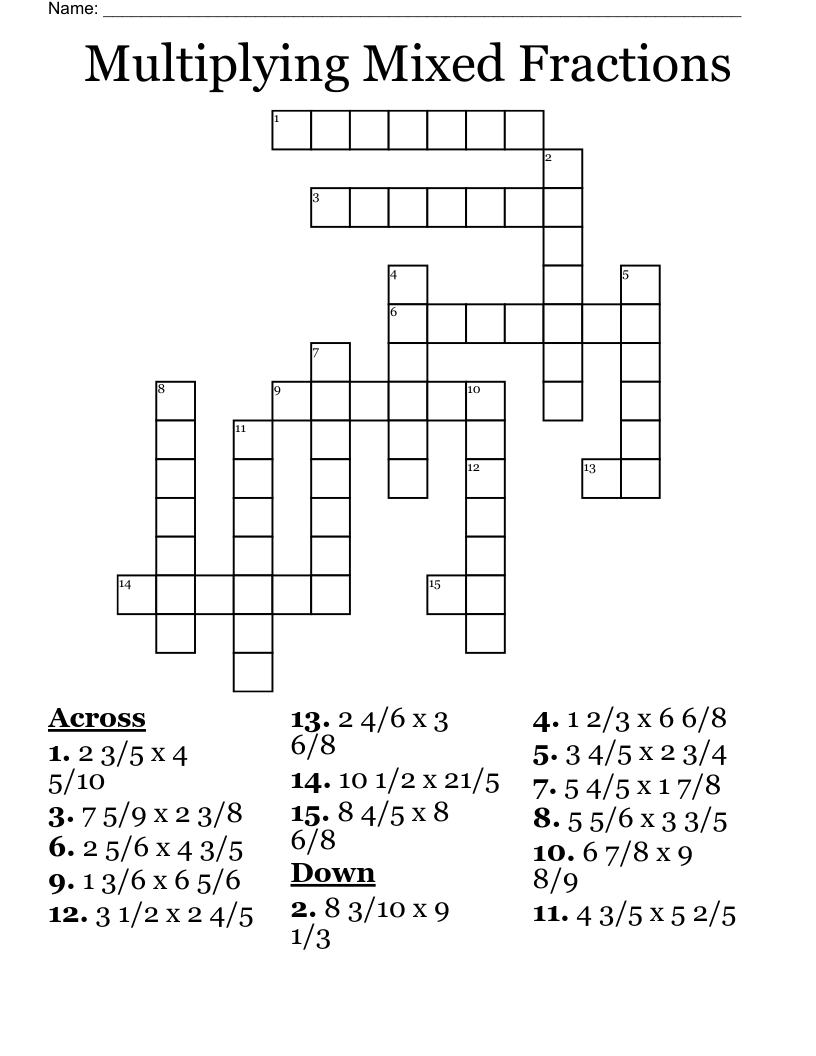 Multiplying Mixed Fractions Crossword