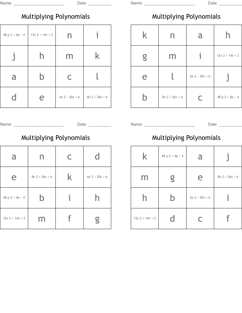 Multiplying Polynomials Bingo Cards