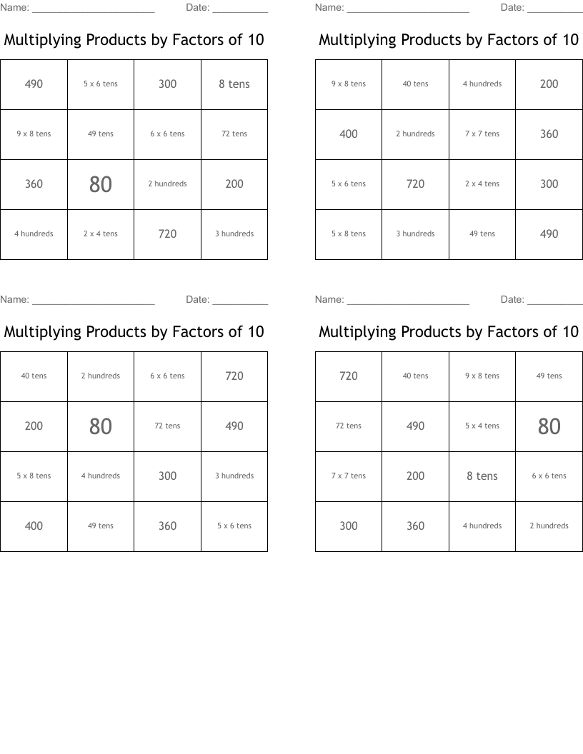 Multiplying Products by Factors of 10 Bingo Cards