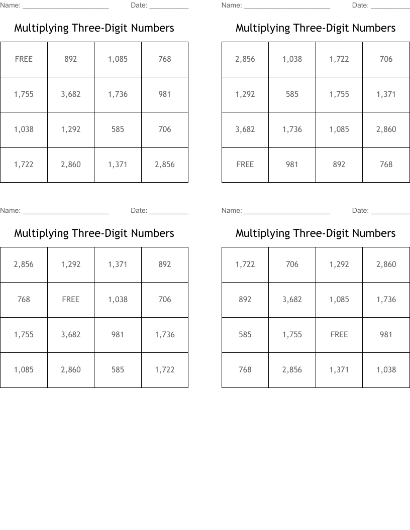 Multiplying Three-Digit Numbers Bingo Cards