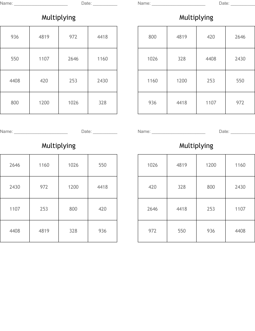 Multiplying  Bingo Cards