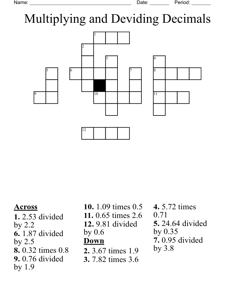 Multiplying and Deviding Decimals Crossword