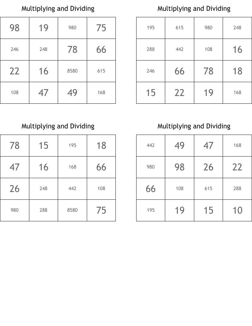 Multiplying and Dividing Bingo Cards