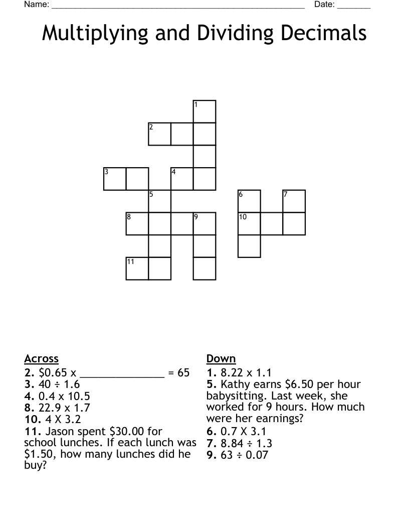 Multiplying and Dividing Decimals Crossword