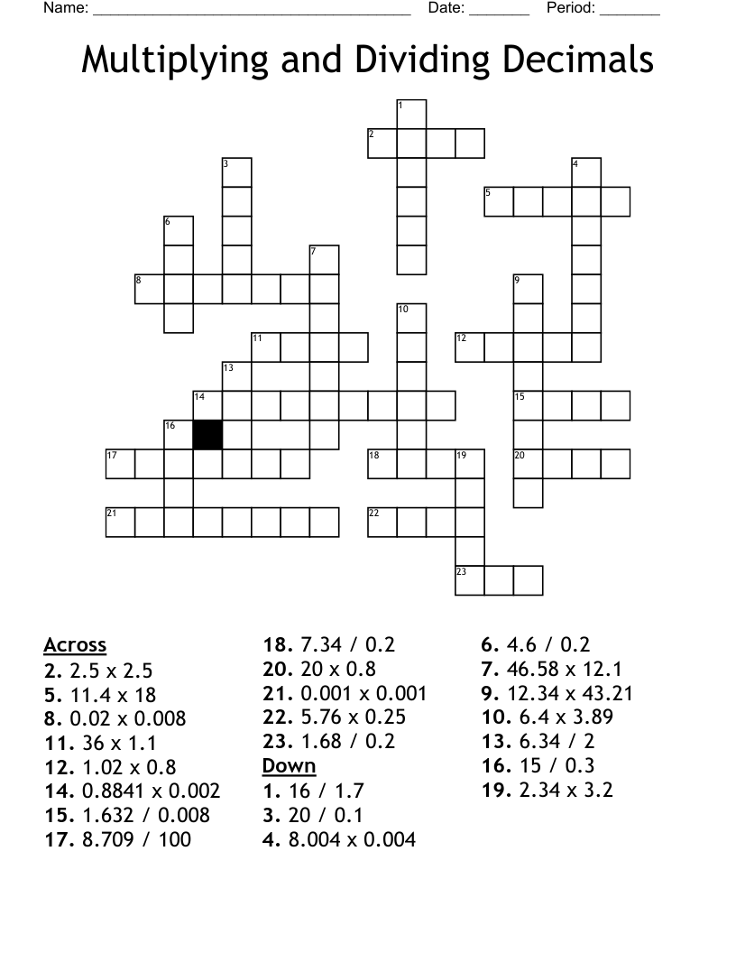 Multiplying and Dividing Decimals  Crossword