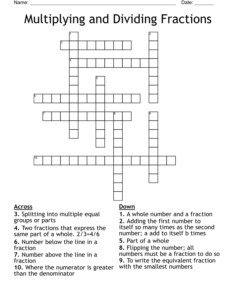 Multiplying and Dividing Fractions Crossword