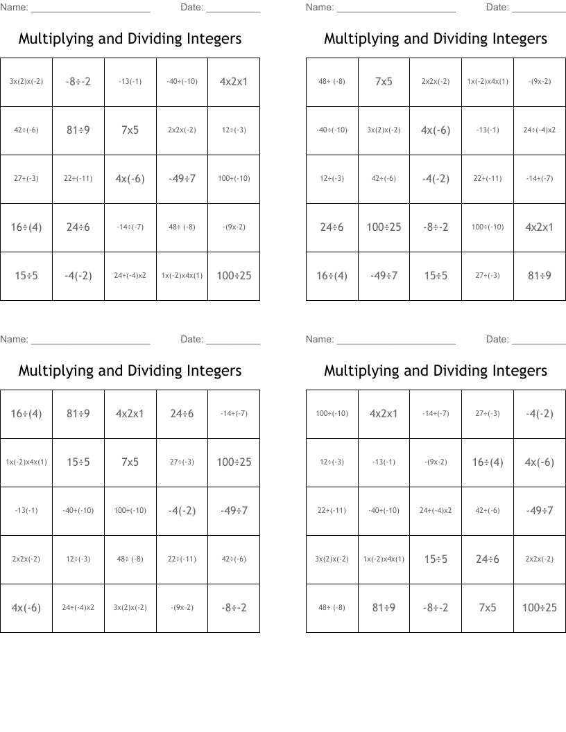 Multiplying and Dividing Integers Bingo Cards