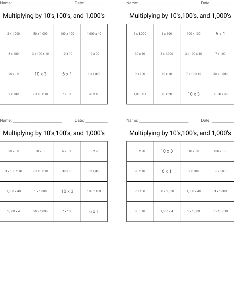 Multiplying by 10's,100's, and 1,000's Bingo Cards