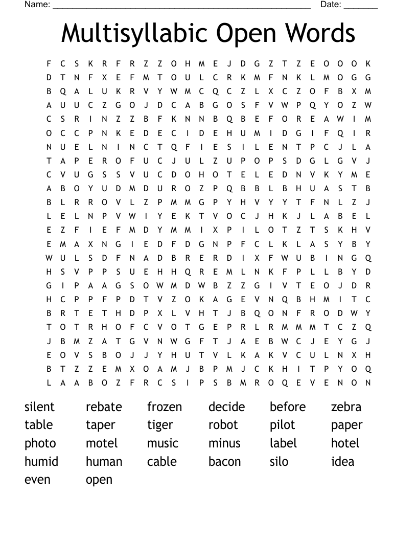 Multisyllabic Open Words Word Search