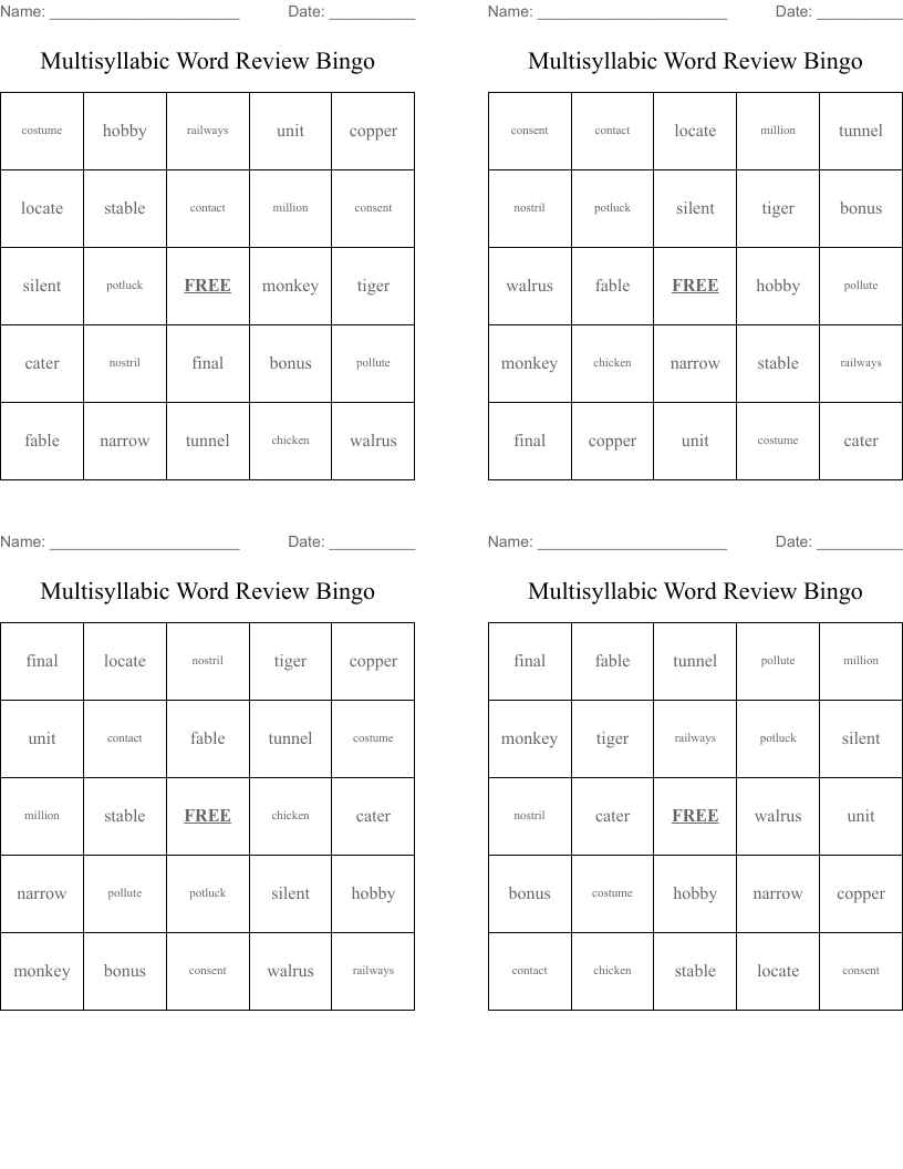 Multisyllabic Word Review Bingo