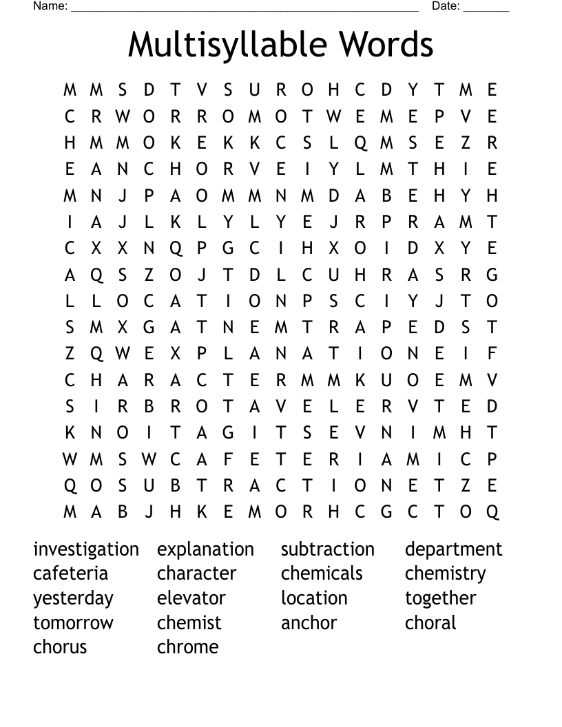 Multisyllable Words Word Search