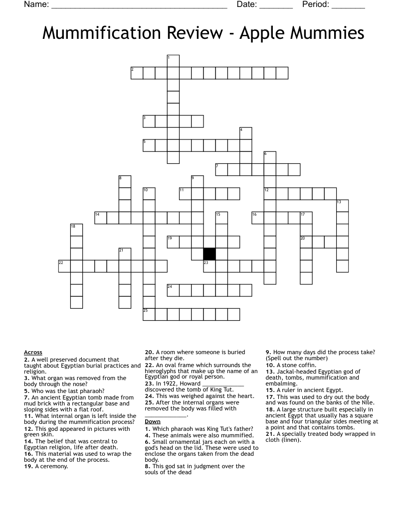 Mummification Review - Apple Mummies Crossword