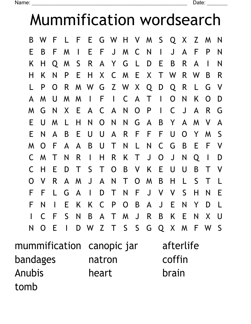 Mummification wordsearch