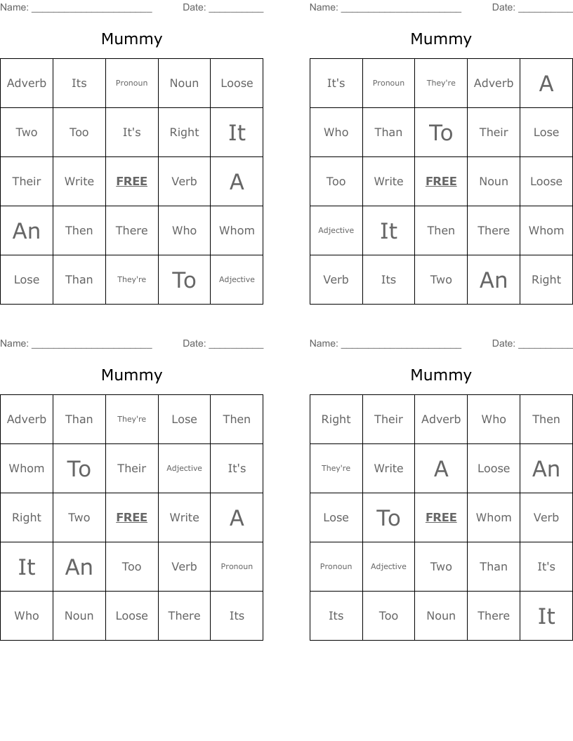 Mummy Bingo Cards