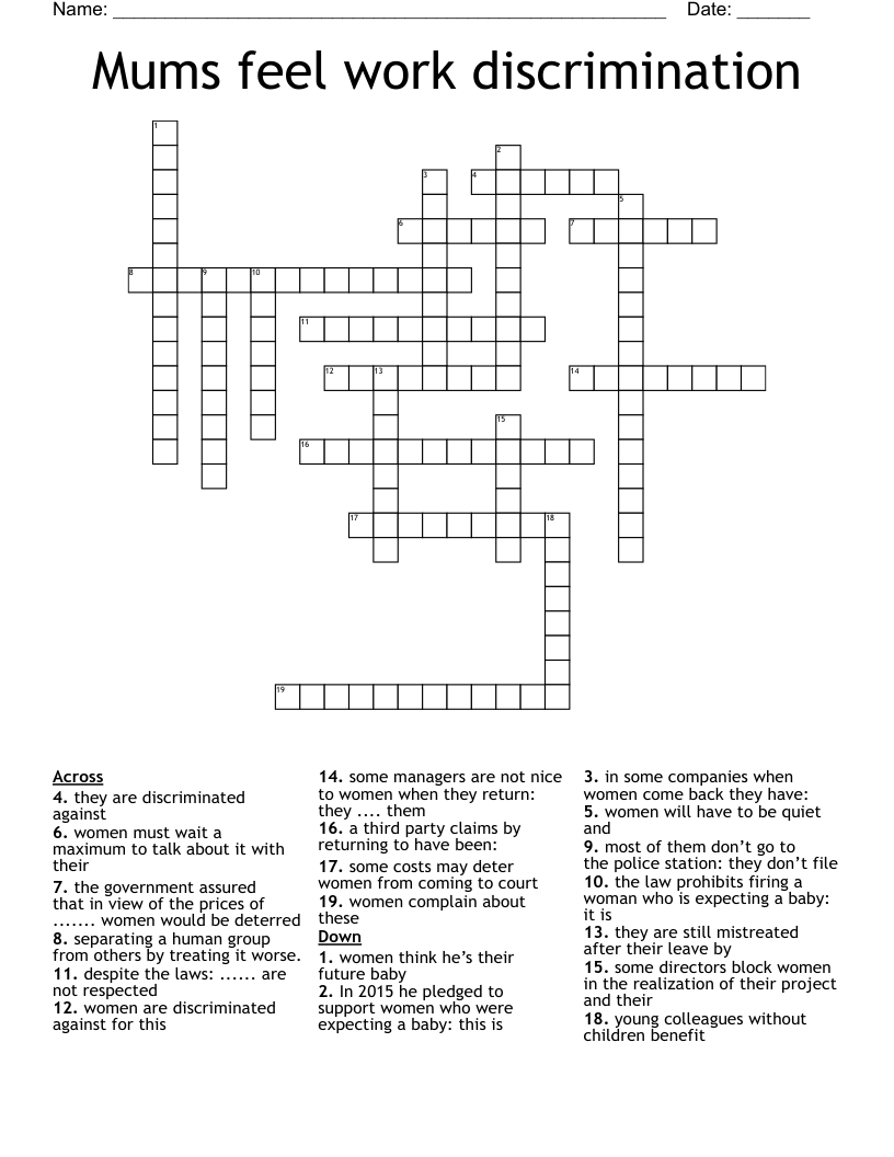 Mums feel work discrimination Crossword