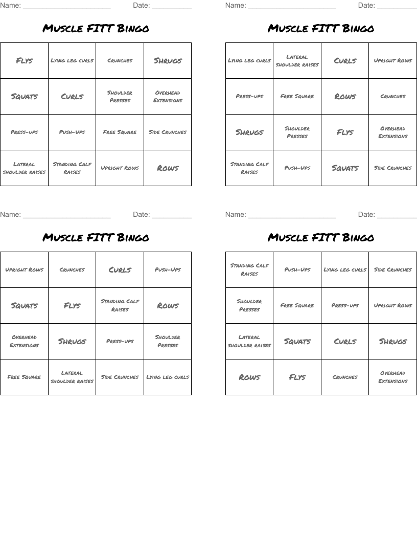 Muscle FITT Bingo