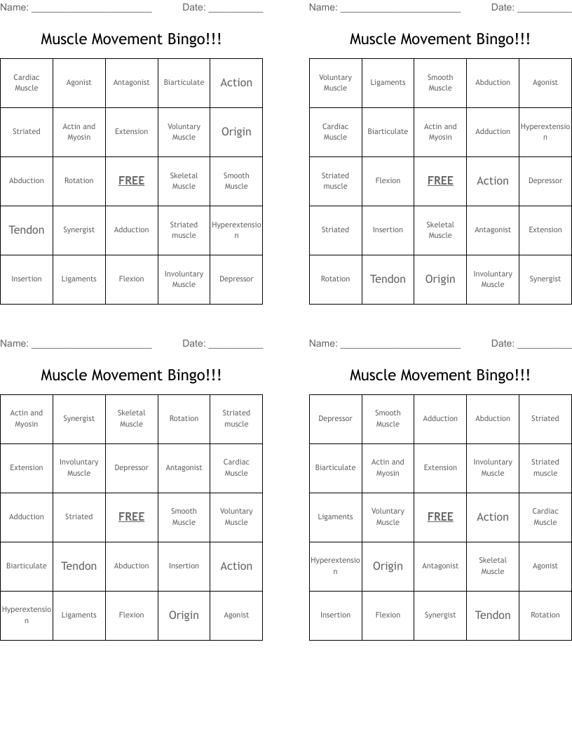 Muscle Movement Bingo!!!
