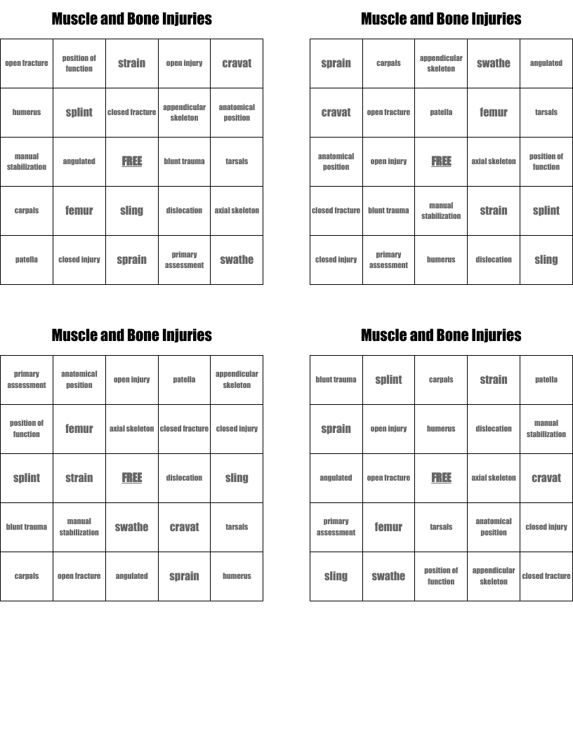Muscle and Bone Injuries Bingo Cards