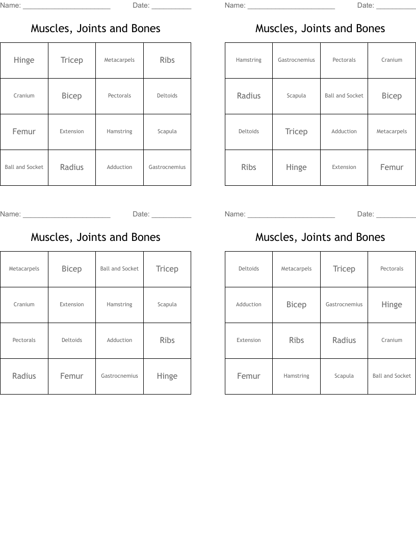 Muscles, Joints and Bones Bingo Cards
