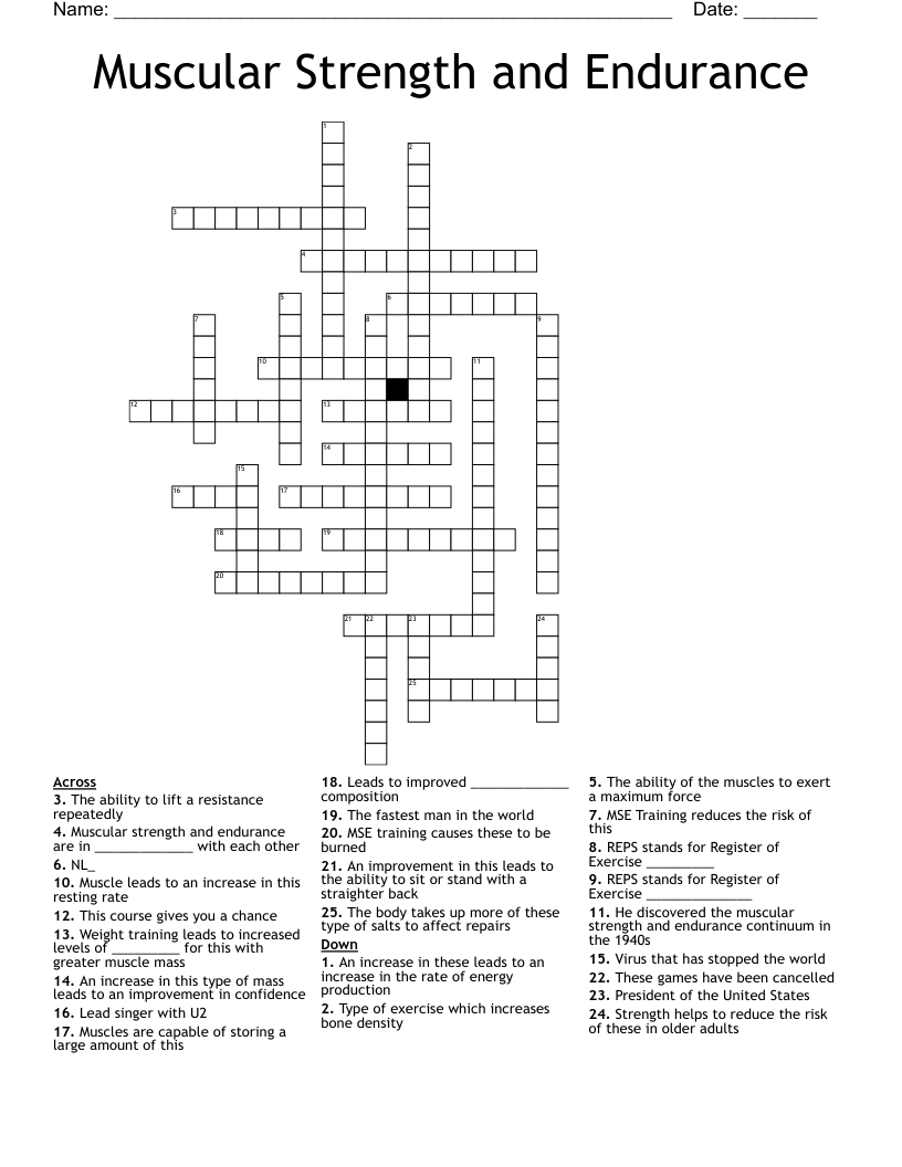 Muscular Strength and Endurance Crossword
