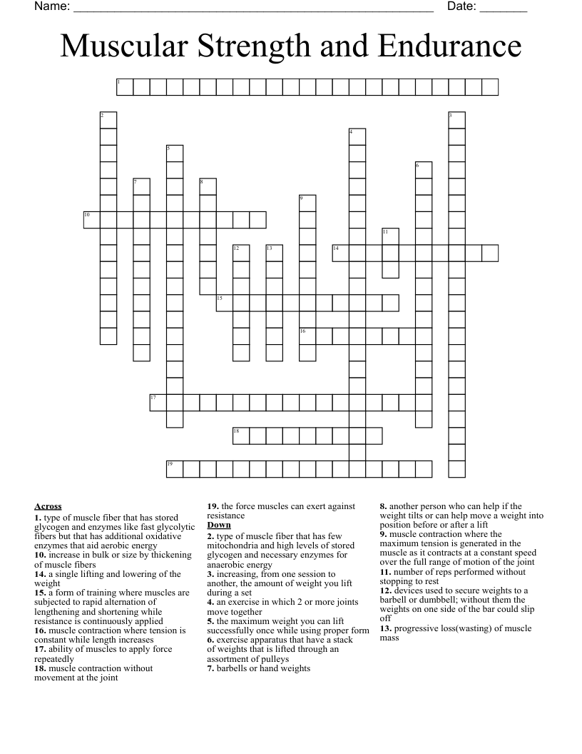 Muscular Strength and Endurance Crossword