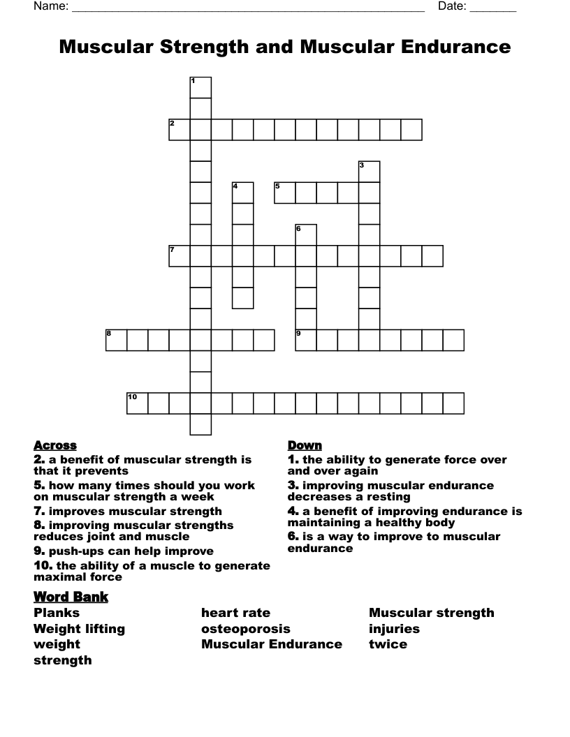Muscular Strength and Muscular Endurance Crossword