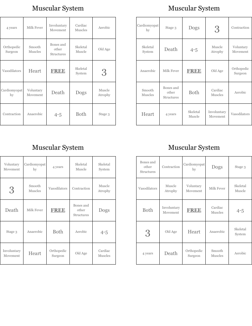 Muscular System Bingo Cards