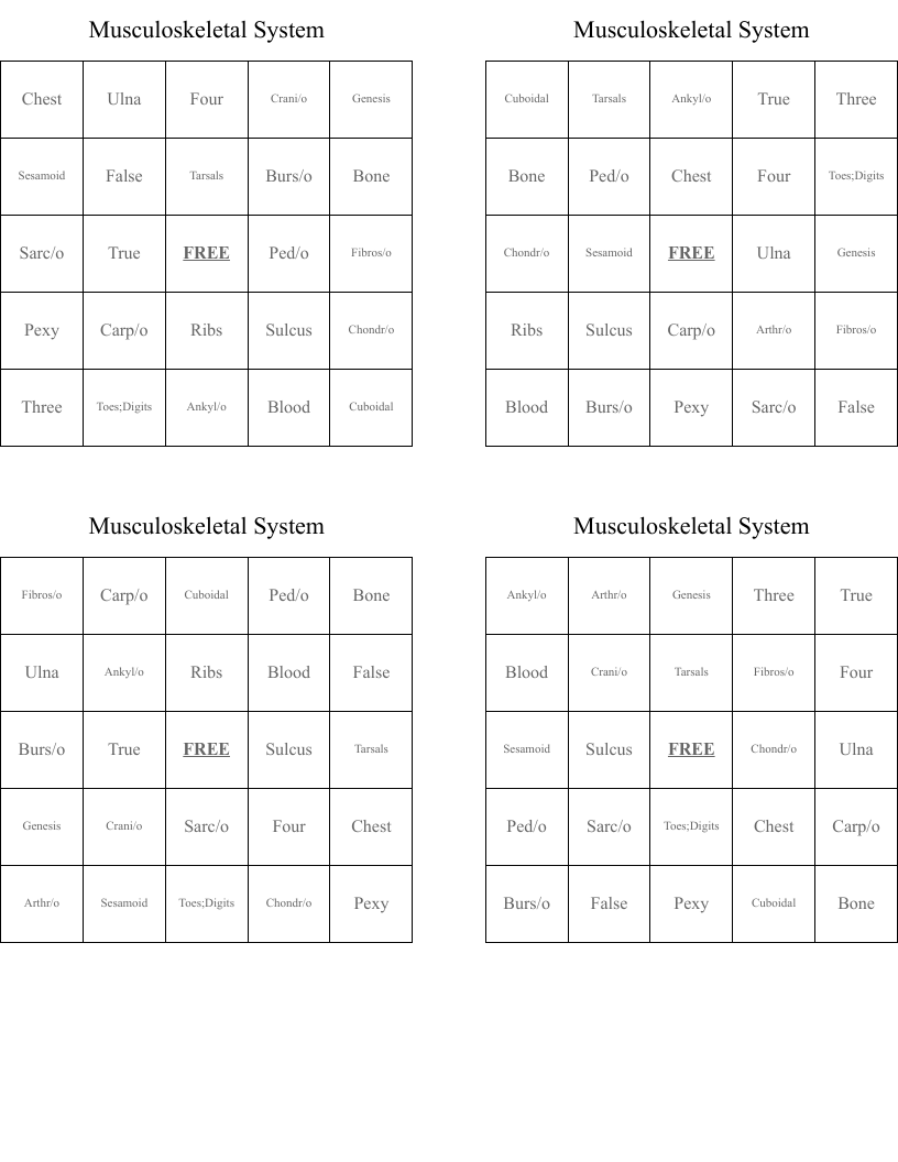 Musculoskeletal System Bingo Cards