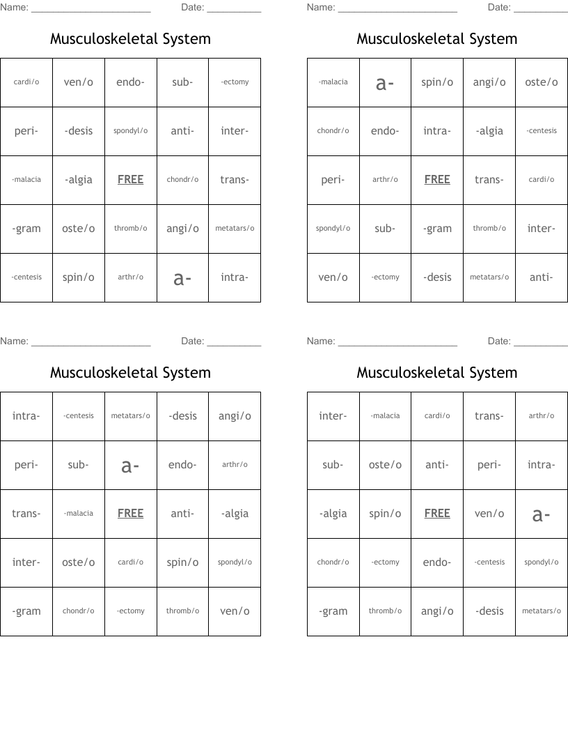 Musculoskeletal System Bingo Cards