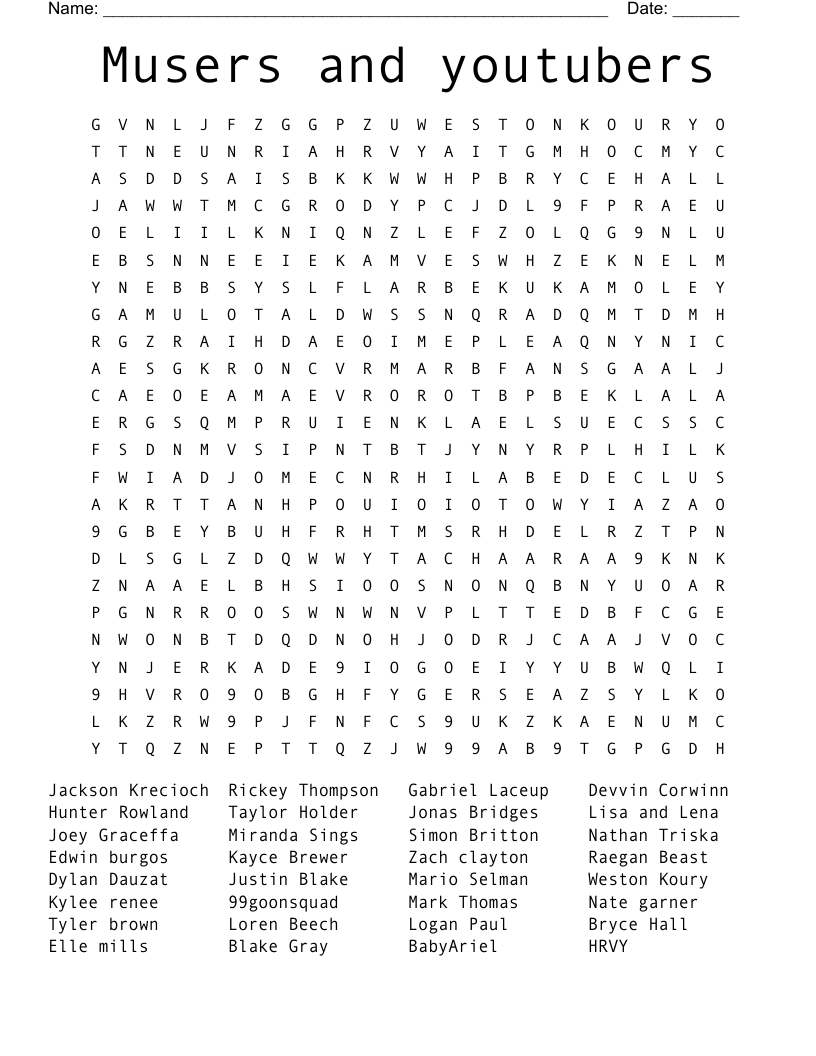 Musers and youtubers Word Search