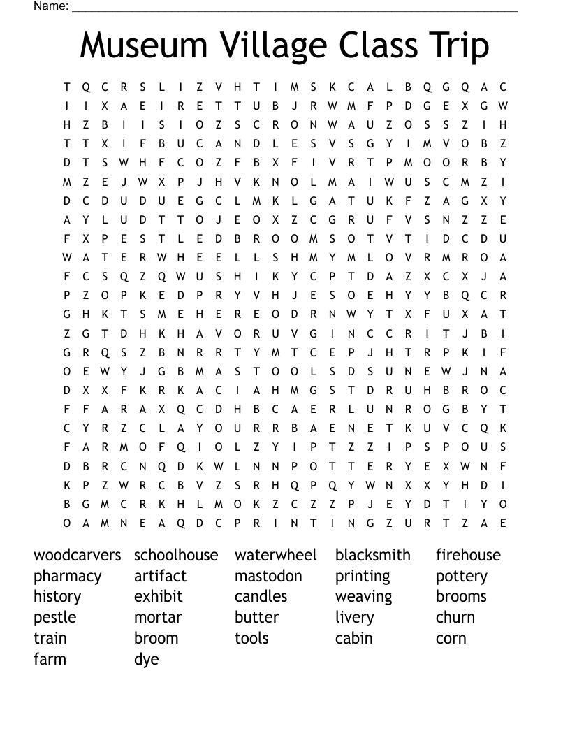 Museum Village Class Trip Word Search