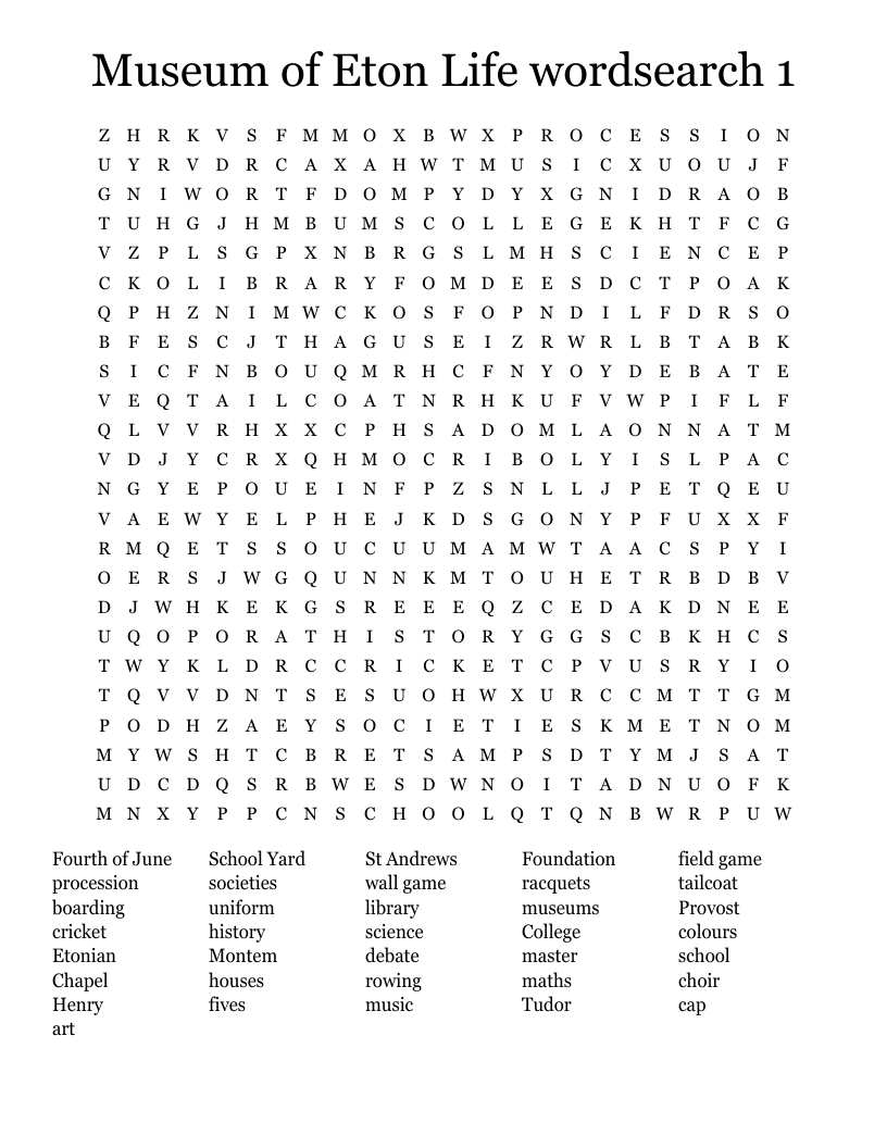 Museum of Eton Life wordsearch 1