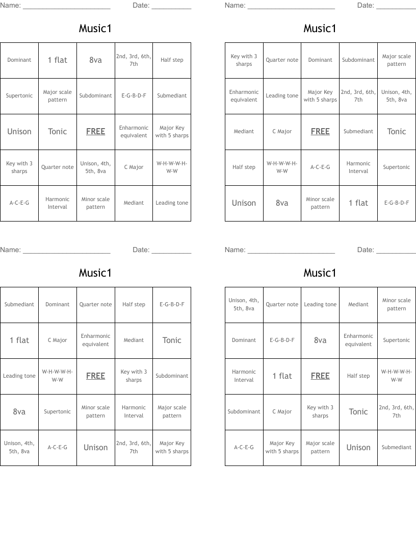 Music1 Bingo Cards