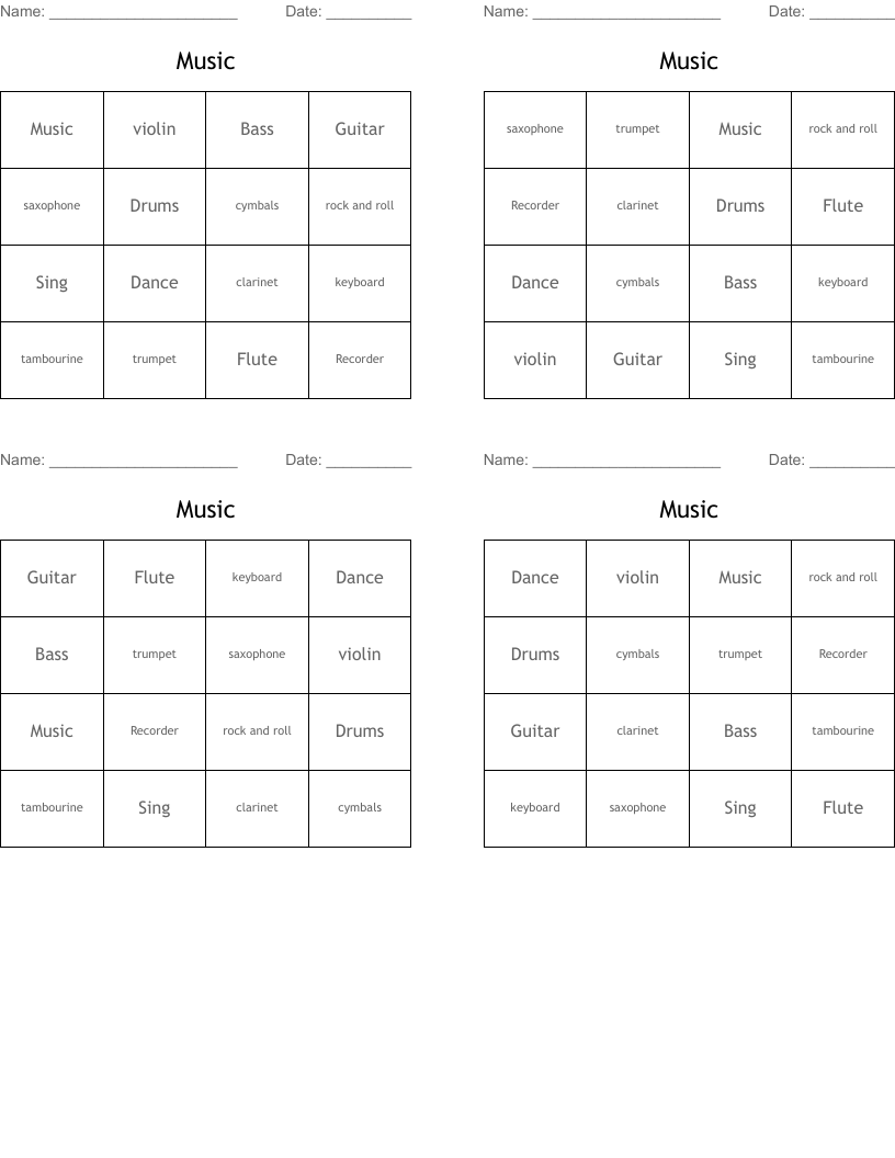 Music Bingo Cards