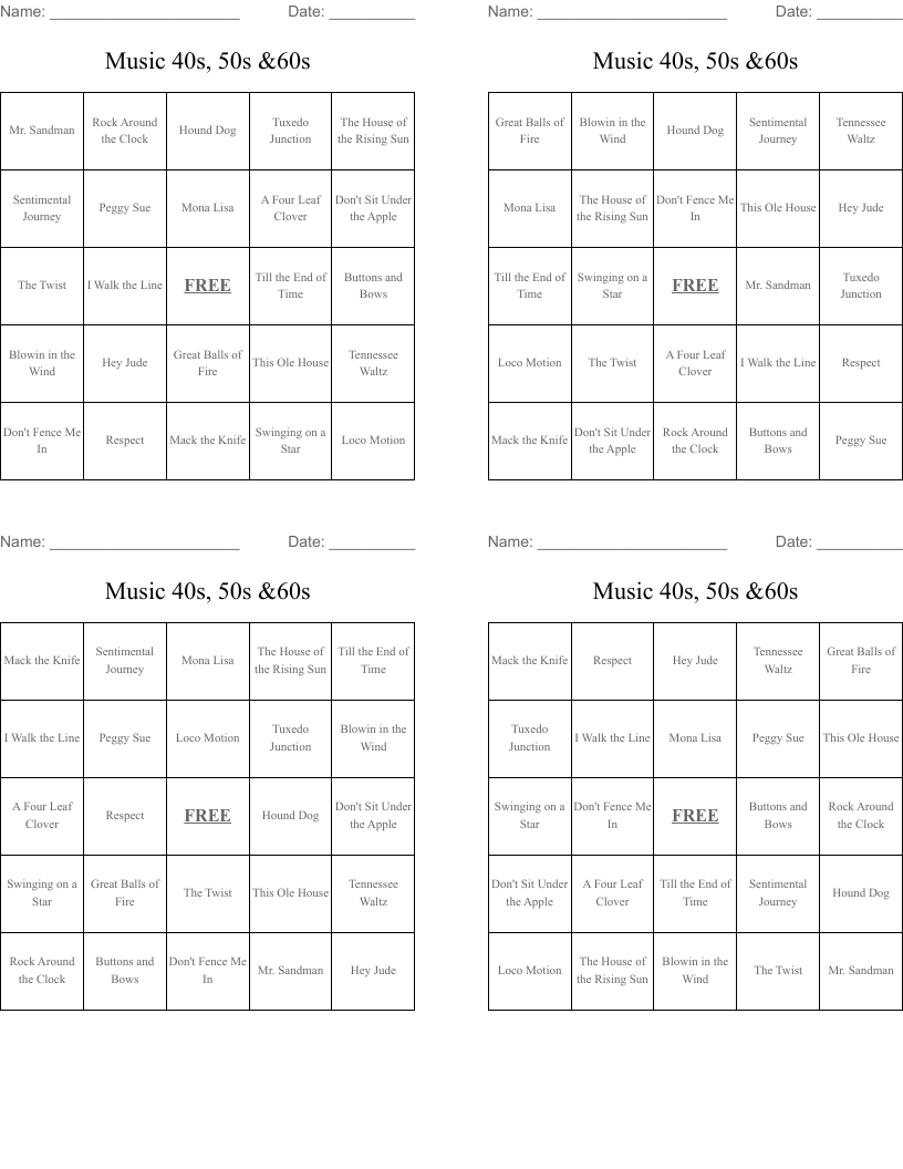 Music 40s, 50s &60s Bingo Cards