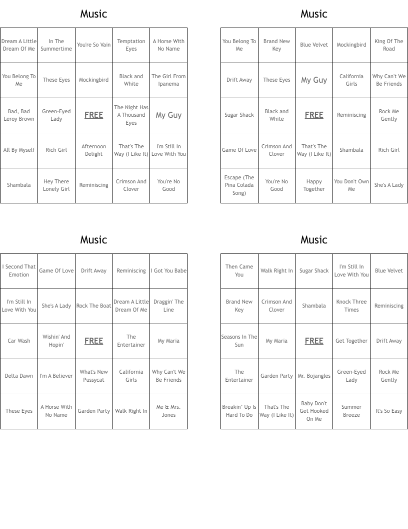 Music Bingo Cards
