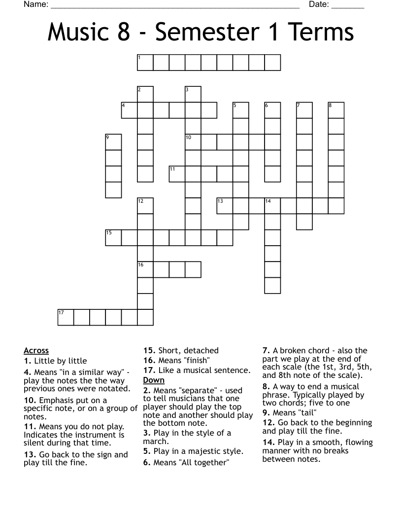 Music 8 - Semester 1 Terms Crossword