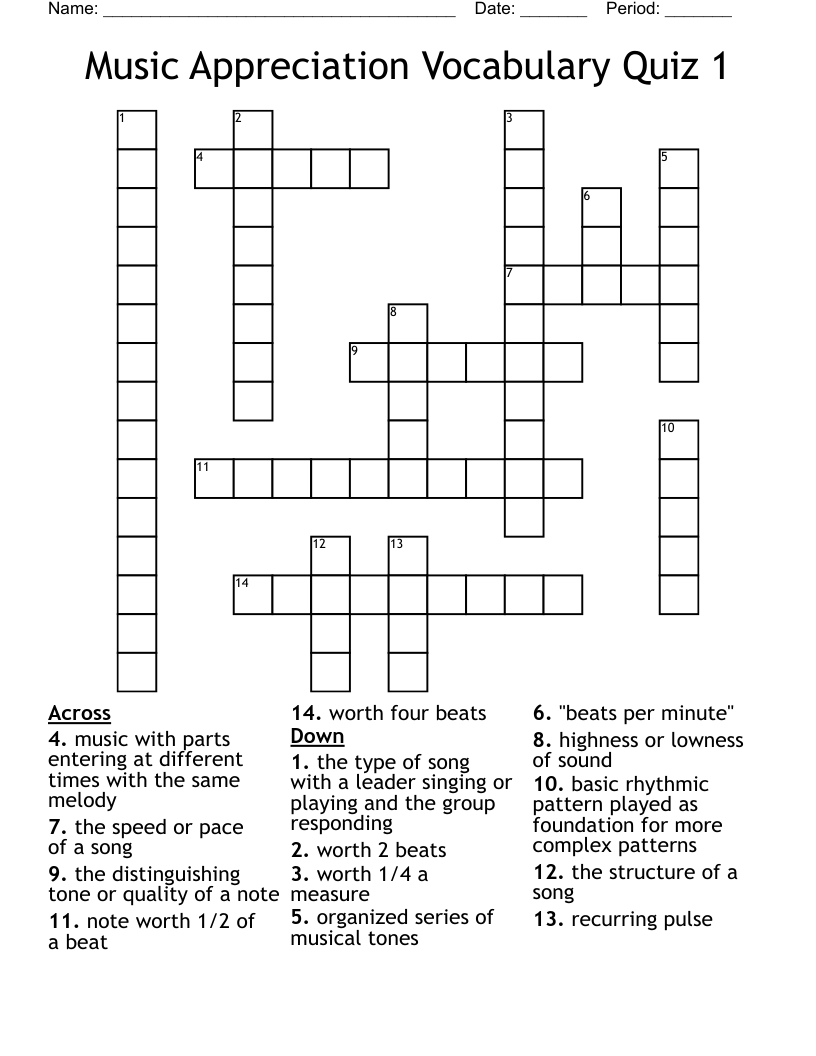 Music Appreciation Vocabulary Quiz 1 Crossword