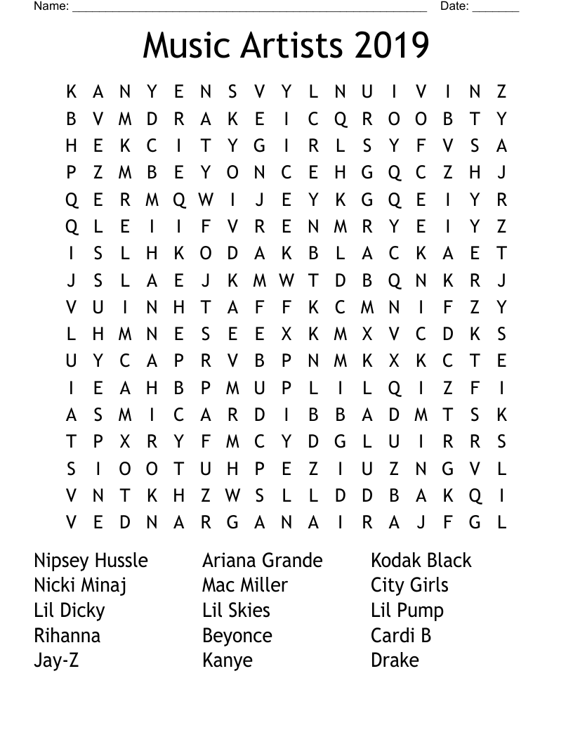 Music Artists 2019 Word Search