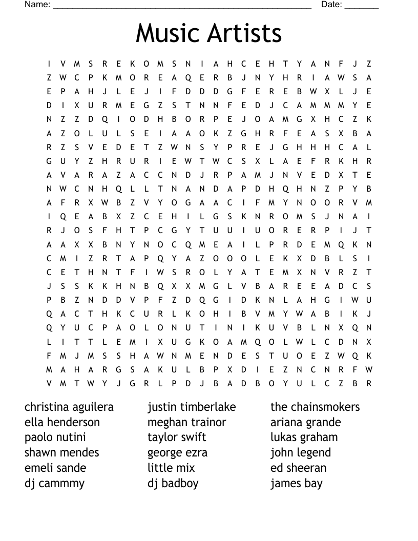 Music Artists Word Search