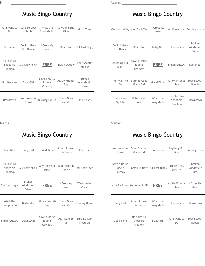 Music Bingo Country